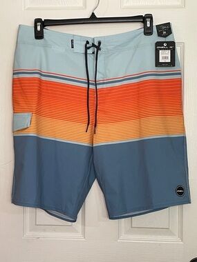 O'Neill Light Blue, Orange & Dark Blue Striped Men's Boardshorts. Size 36 Stretc